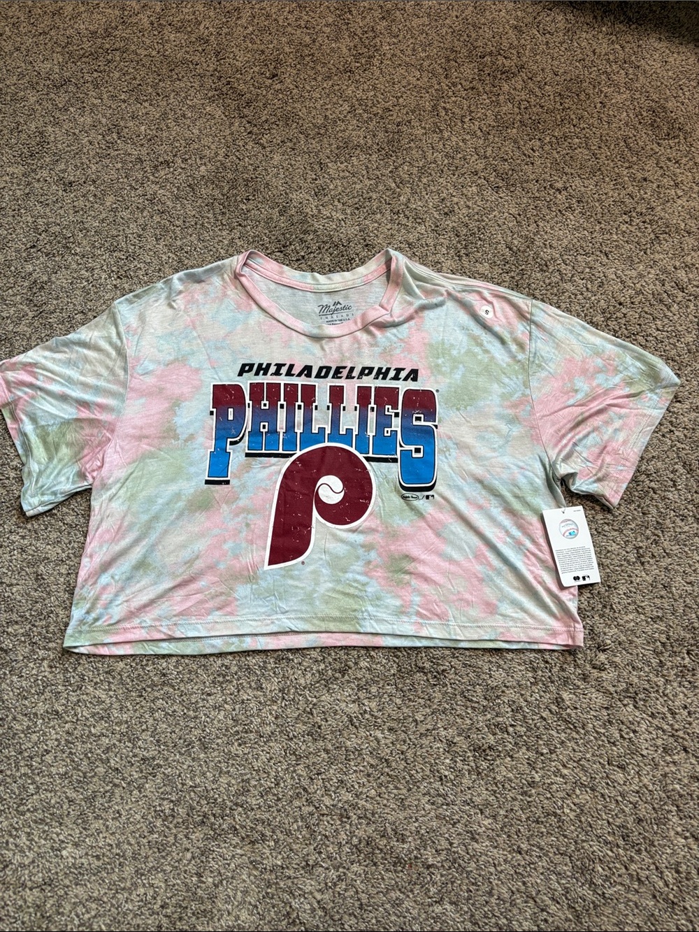 Majestic Tie-Dye Philadelphia Phillies Crop Top - Pink, Blue, White